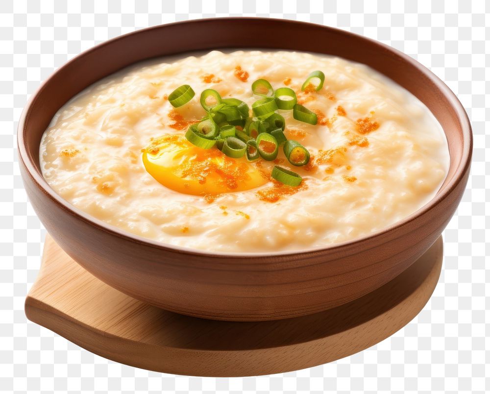 PNG Asian porridge with egg breakfast food meal.