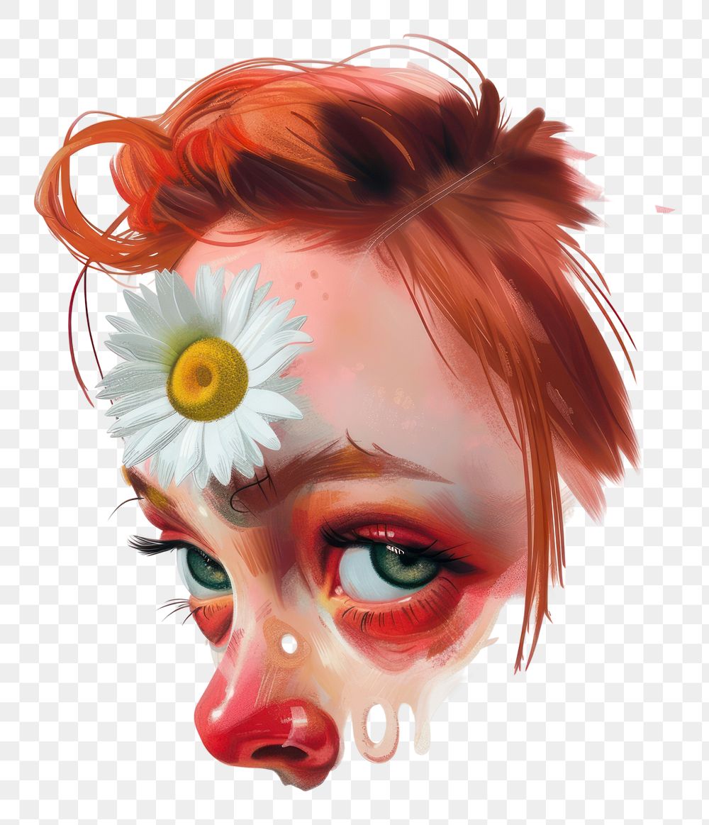 PNG A girl with a daisy on her eye painting art portrait.