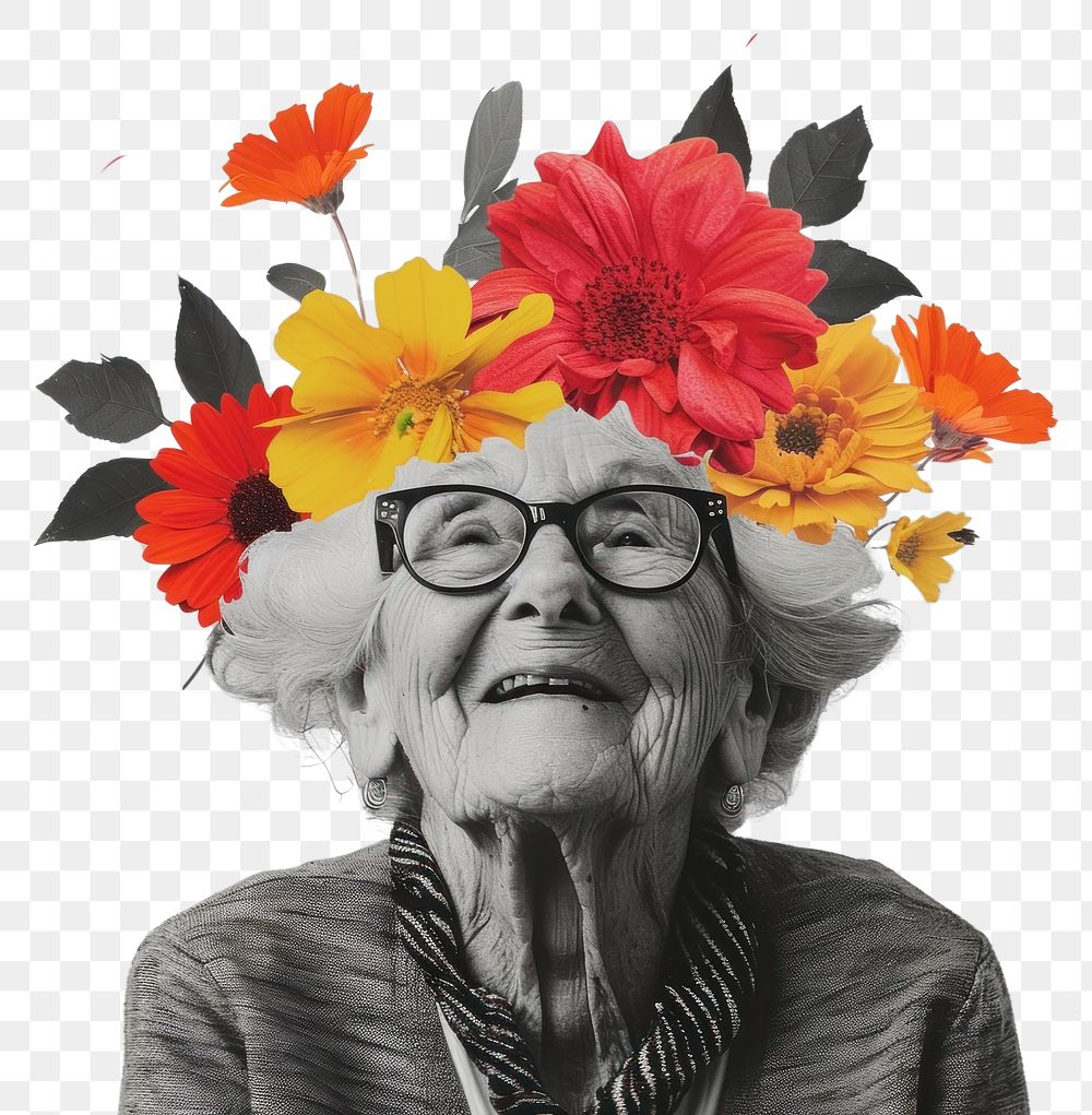 PNG Paper collage of happy elderly flower painting portrait.