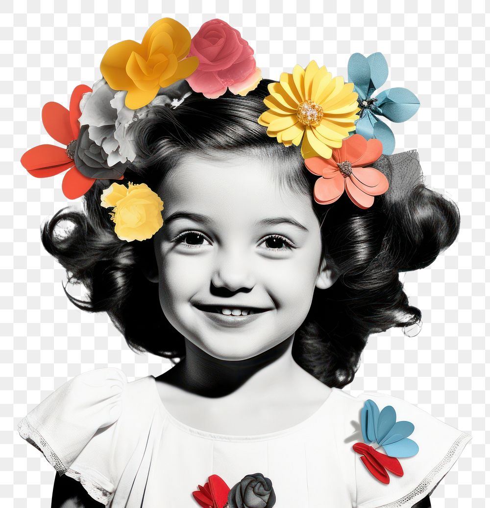 PNG Collage of happy little girl flower portrait fashion.