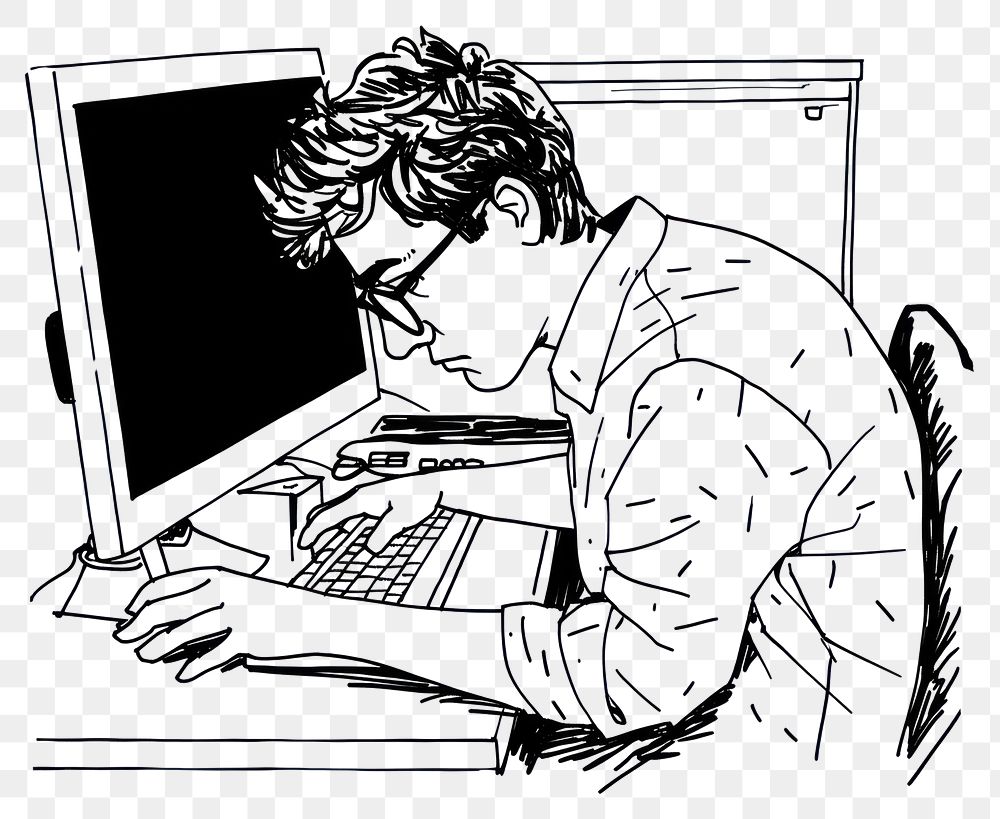 PNG Outline Drawing illustration of a man working with computer drawing sketch cartoon.