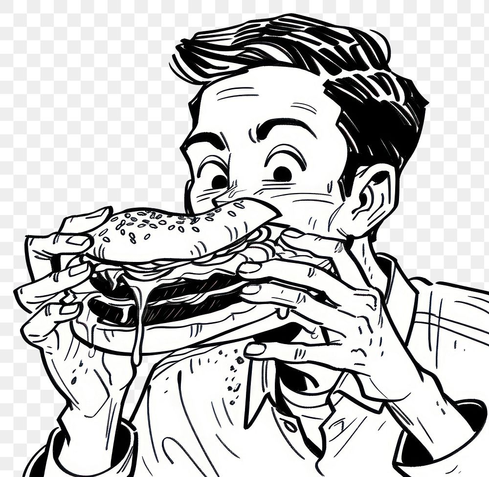 PNG Outline sketching illustration of a man eating burger cartoon drawing adult