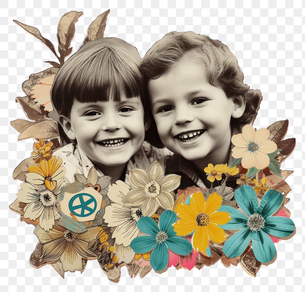 PNG Paper collage of two kids smiling flower art portrait.