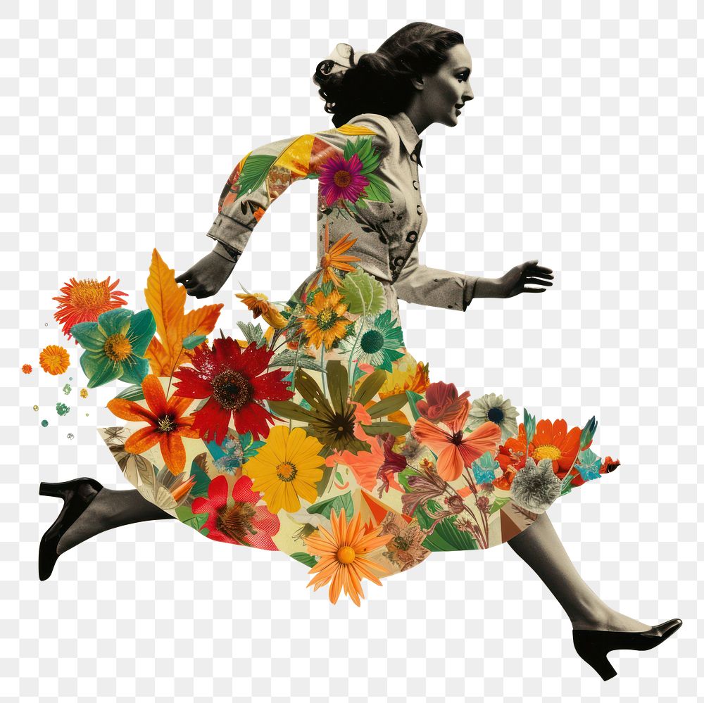 PNG Paper collage of a woman flower art footwear