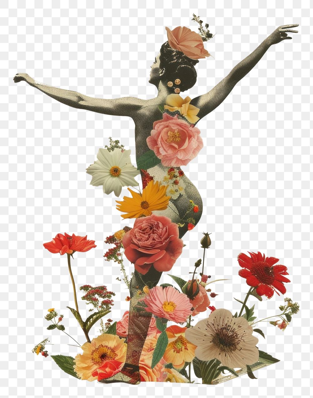 PNG Paper collage of gymnastic flower art painting.
