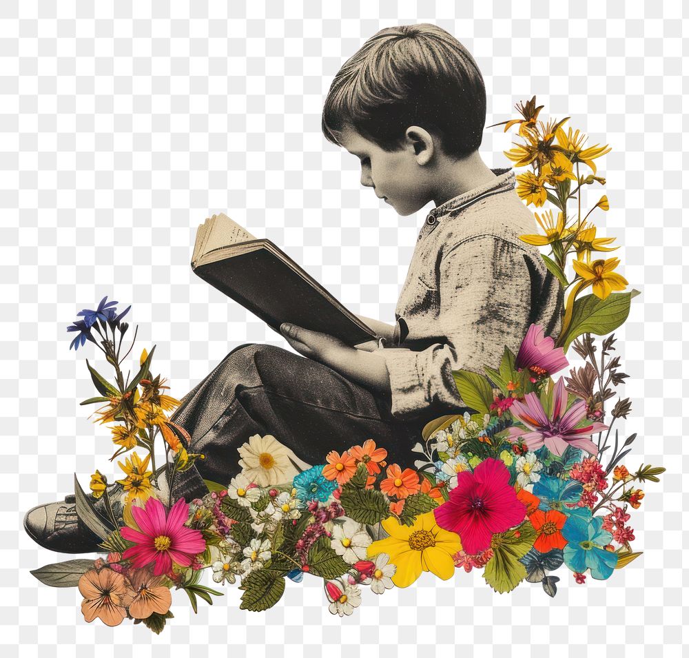 PNG Paper collage of the boy reading flower art