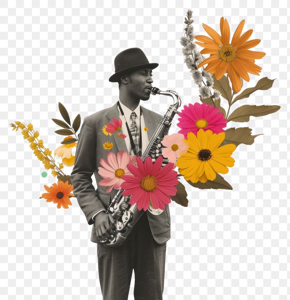 PNG Paper collage of saxophone flower plant adult.
