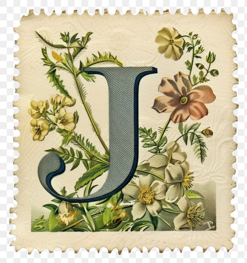 PNG Vintage alphabet J postage stamp.