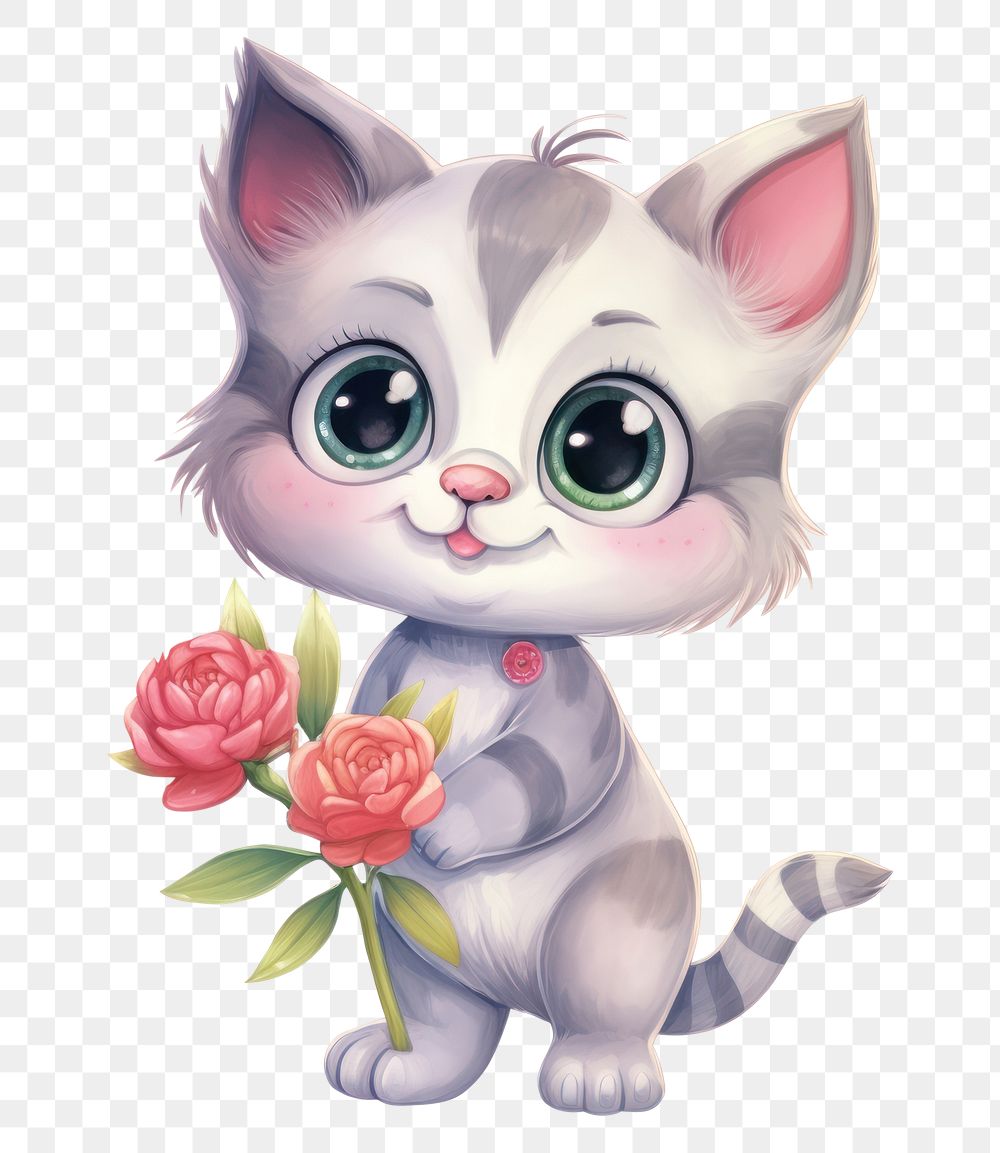 PNG Watercolor baby cat hold flower cartoon mammal animal.