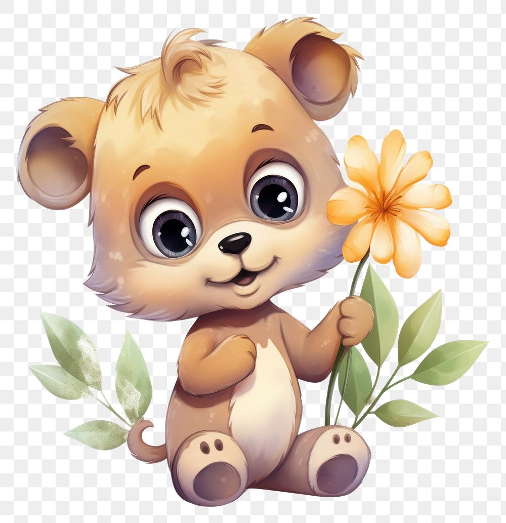 PNG Watercolor baby bear hold flower cartoon cute toy.