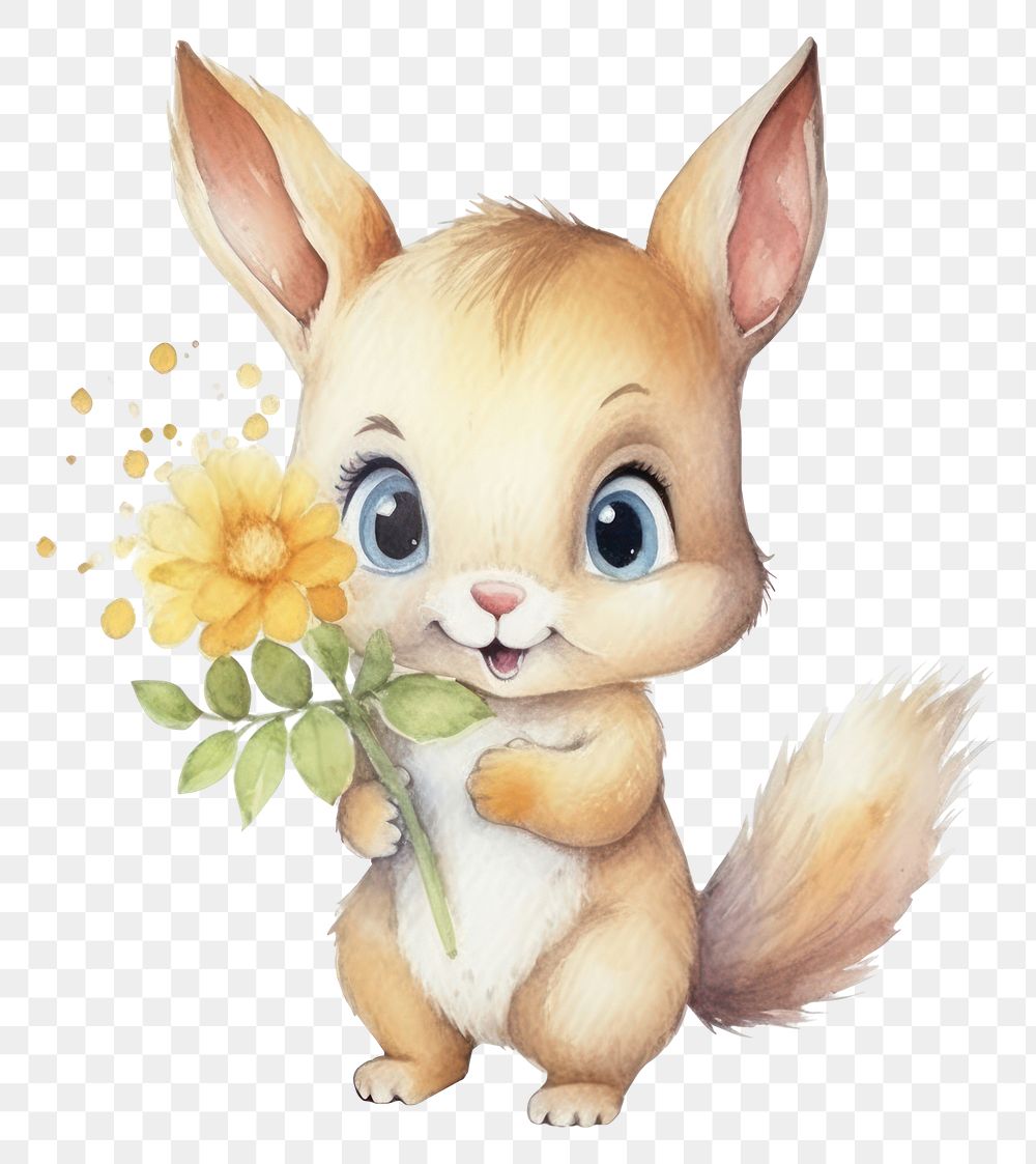 PNG Watercolor baby squirrel hold flower cartoon mammal animal.
