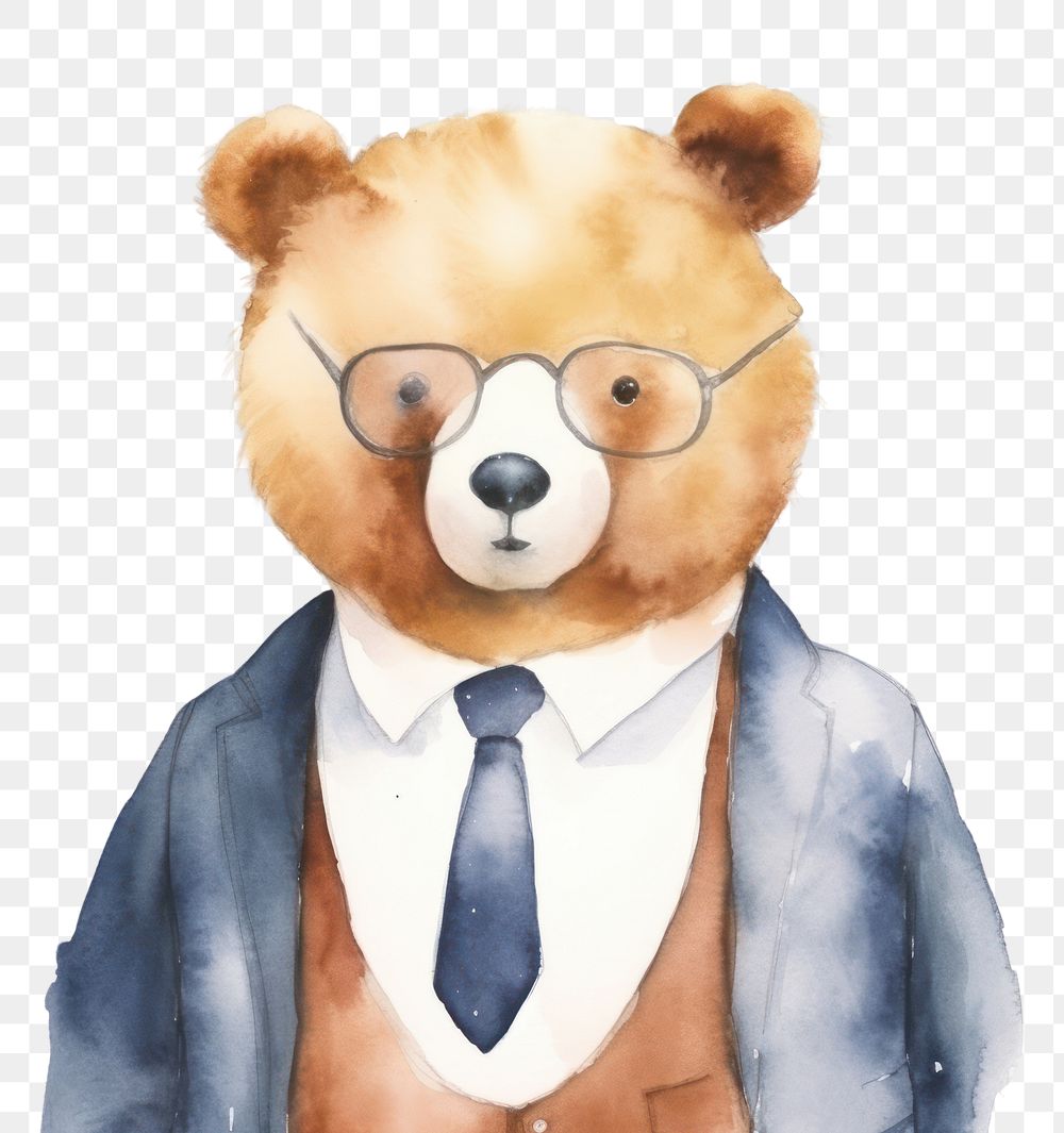 PNG Watercolor bear business suit glasses mammal toy.