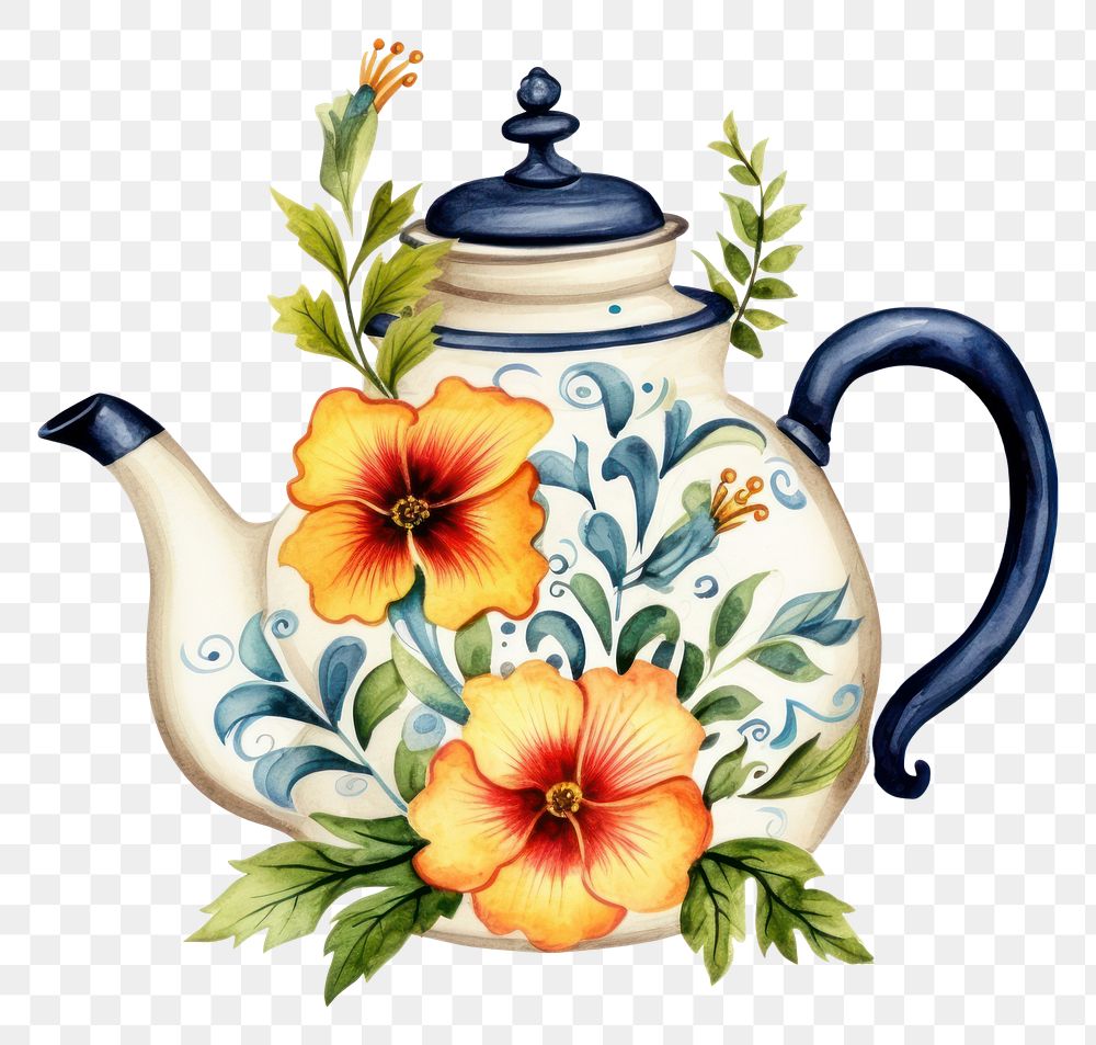 PNG Watercolor botanical on teapot white background creativity tableware.