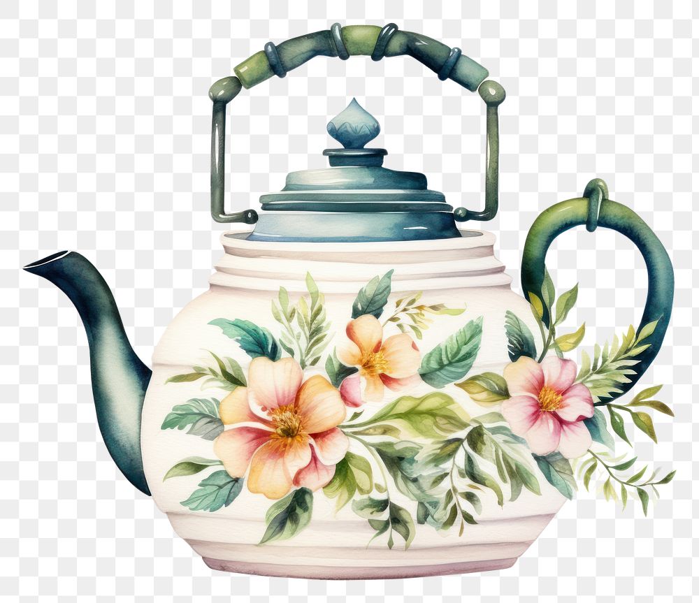PNG Watercolor botanical on teapot art white background creativity.
