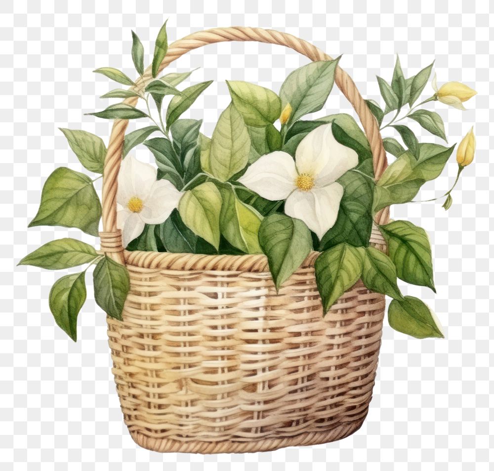 PNG Watercolor botanical on basket flower plant white background.