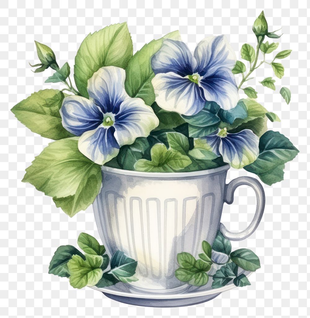 PNG Watercolor botanical on cup flower plant herbs.