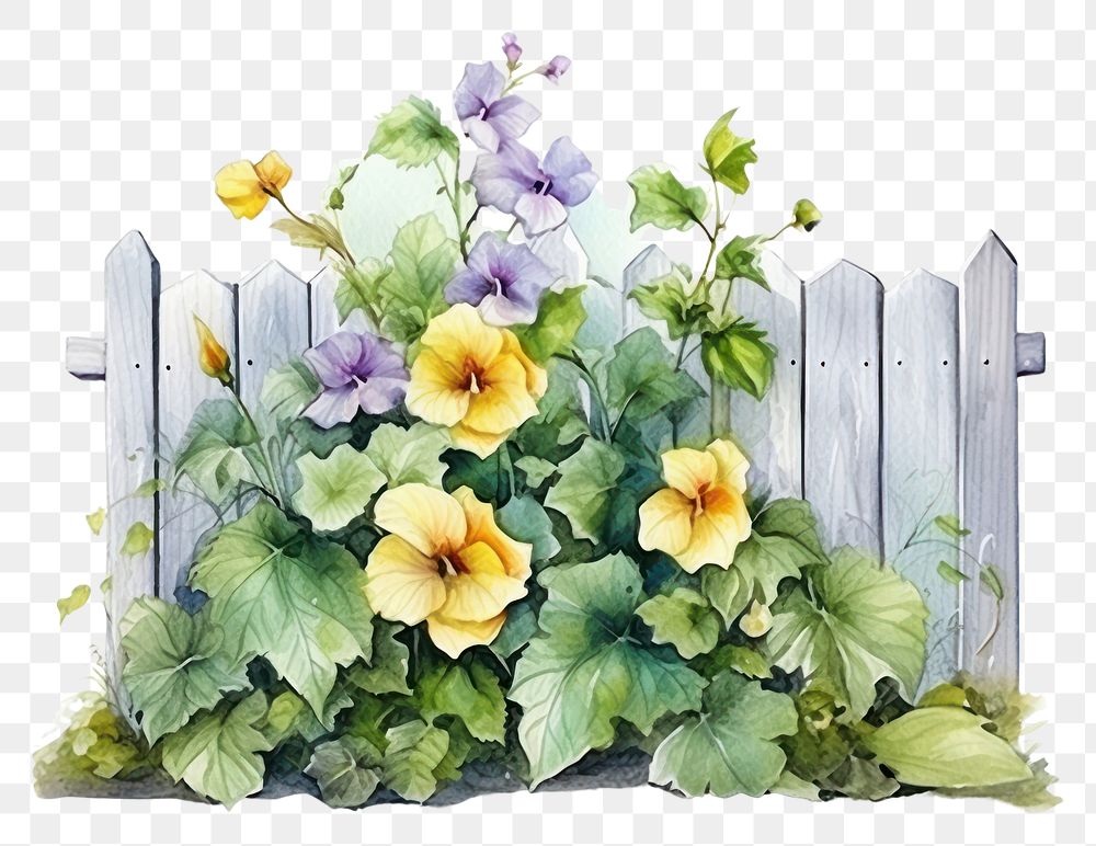 PNG Watercolor botanical on fence outdoors flower nature.