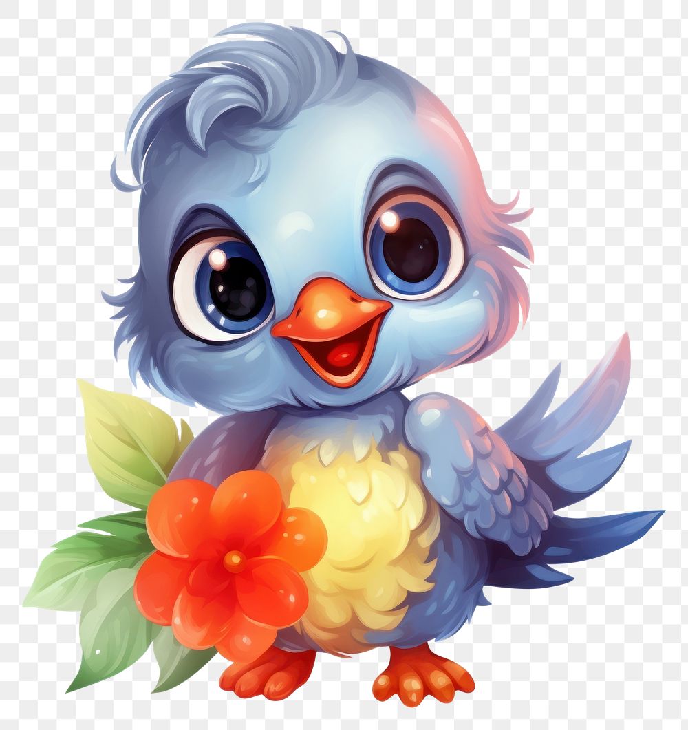 PNG Watercolor icon baby bird hold flower cartoon animal nature.