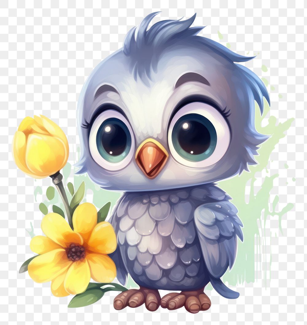 PNG Watercolor icon baby bird hold flower cartoon plant cute.