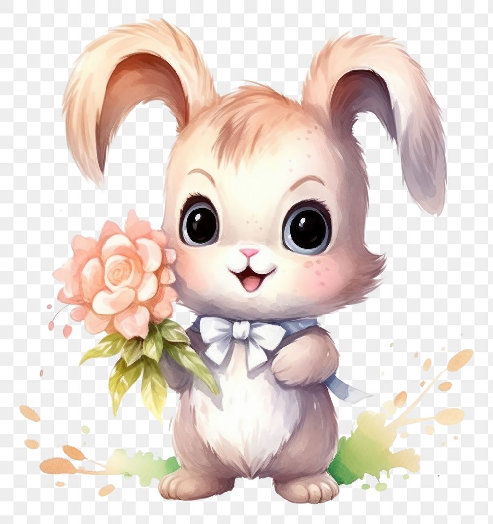 PNG Baby rabbit hold flower cartoon representation celebration.