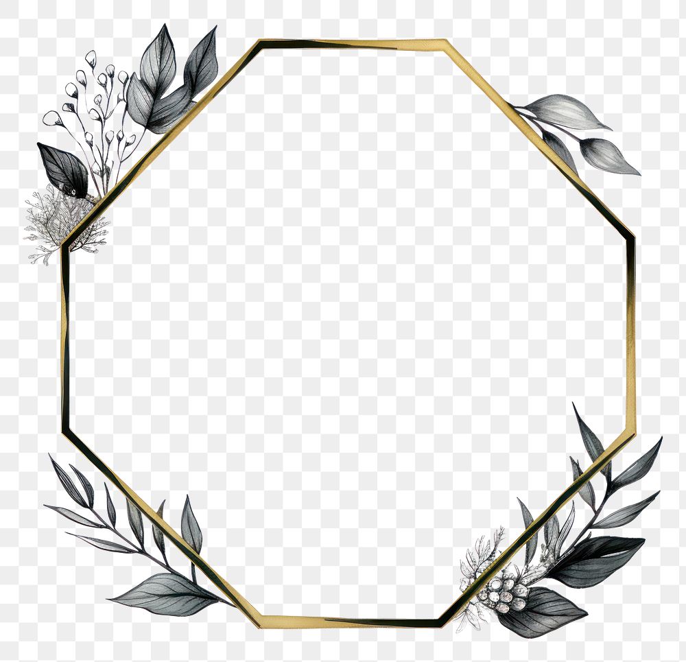 PNG Leaves with golden hexagon frame circle plant white background.