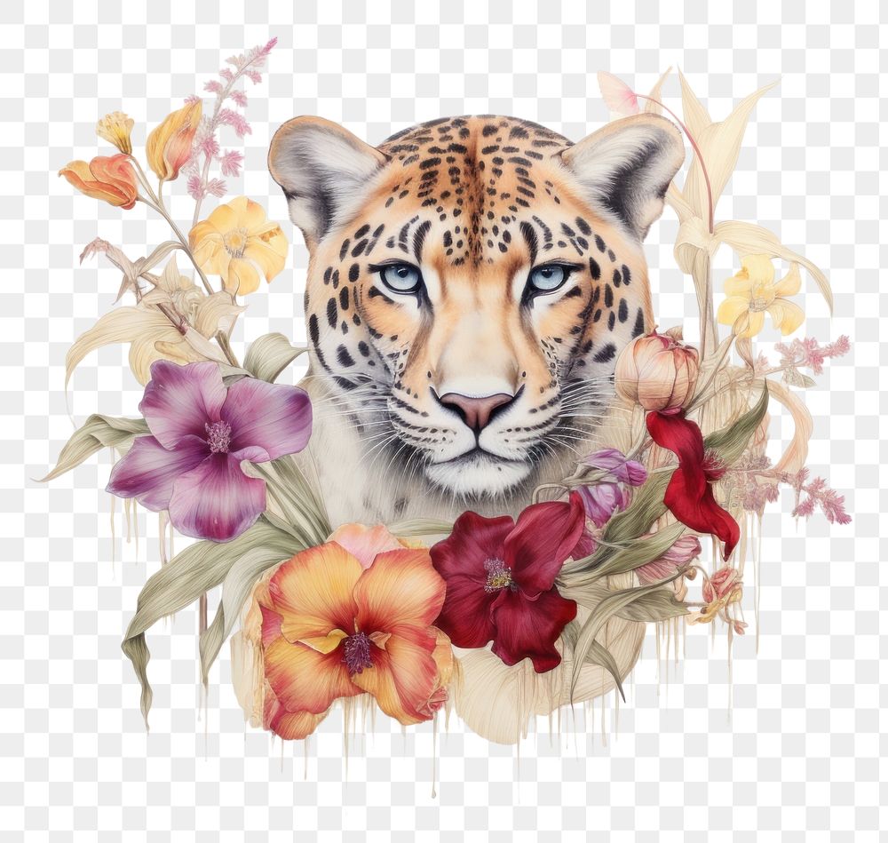 PNG Leopard with yellow and purple flowers wildlife painting pattern.