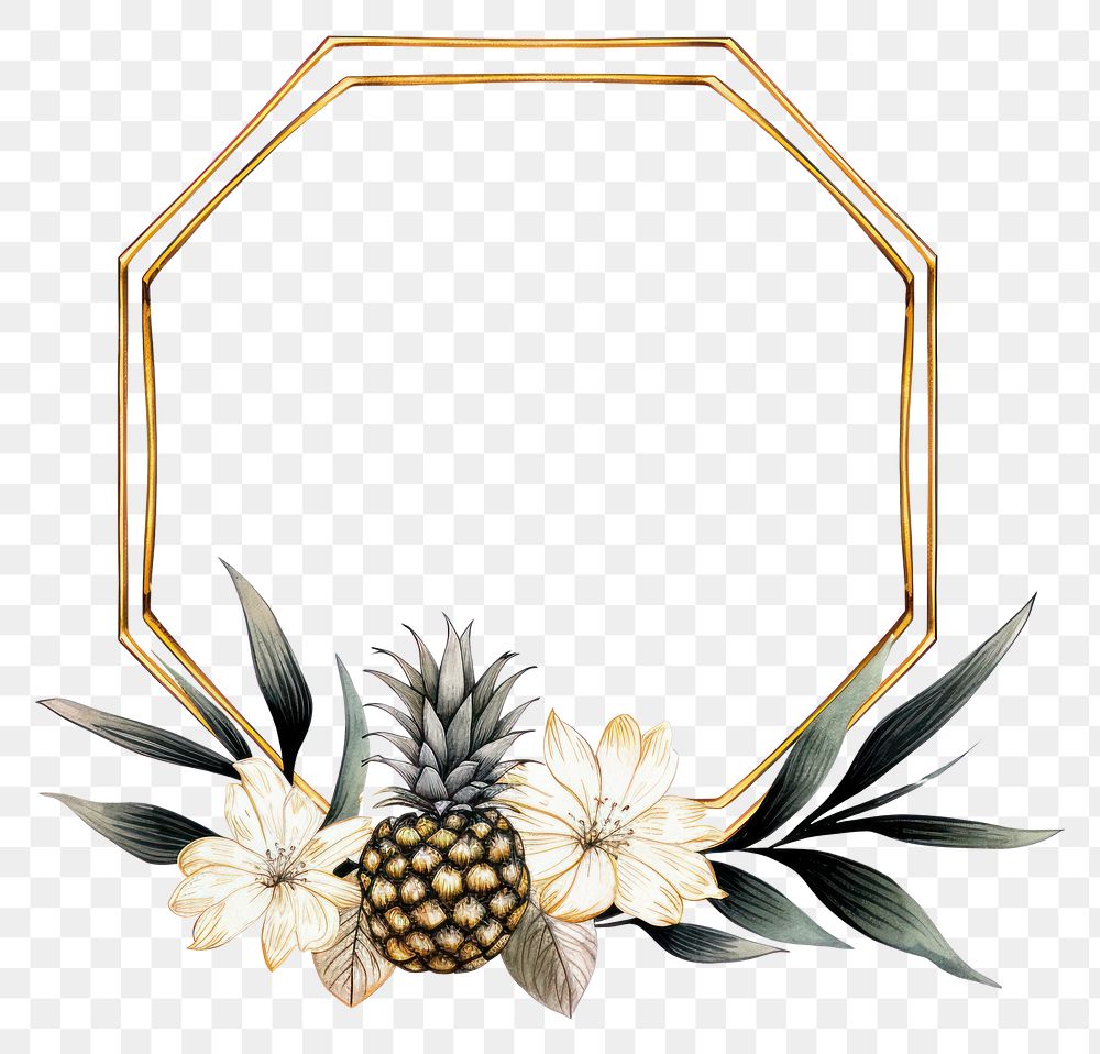 PNG Pineapple with golden hexagon frame plant white background bromeliaceae.