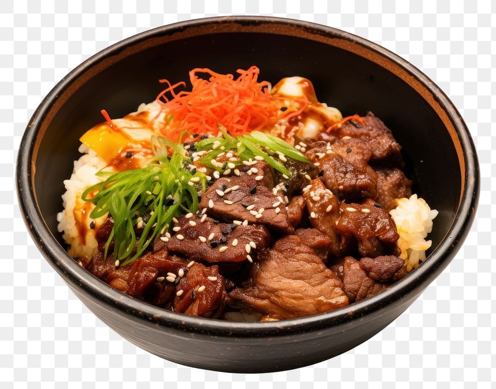 PNG Japanese beef donburi in a black bowl meat meal food.