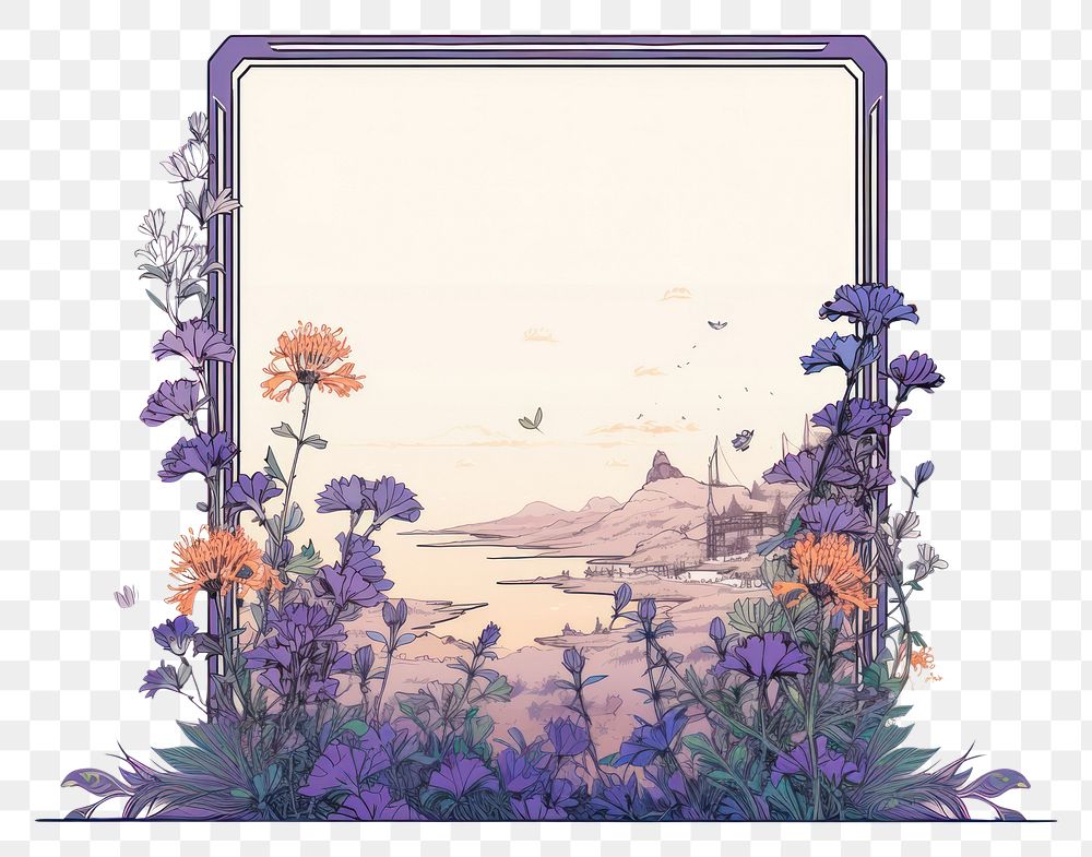 PNG Ukiyo-e art lavender frame flower purple plant.