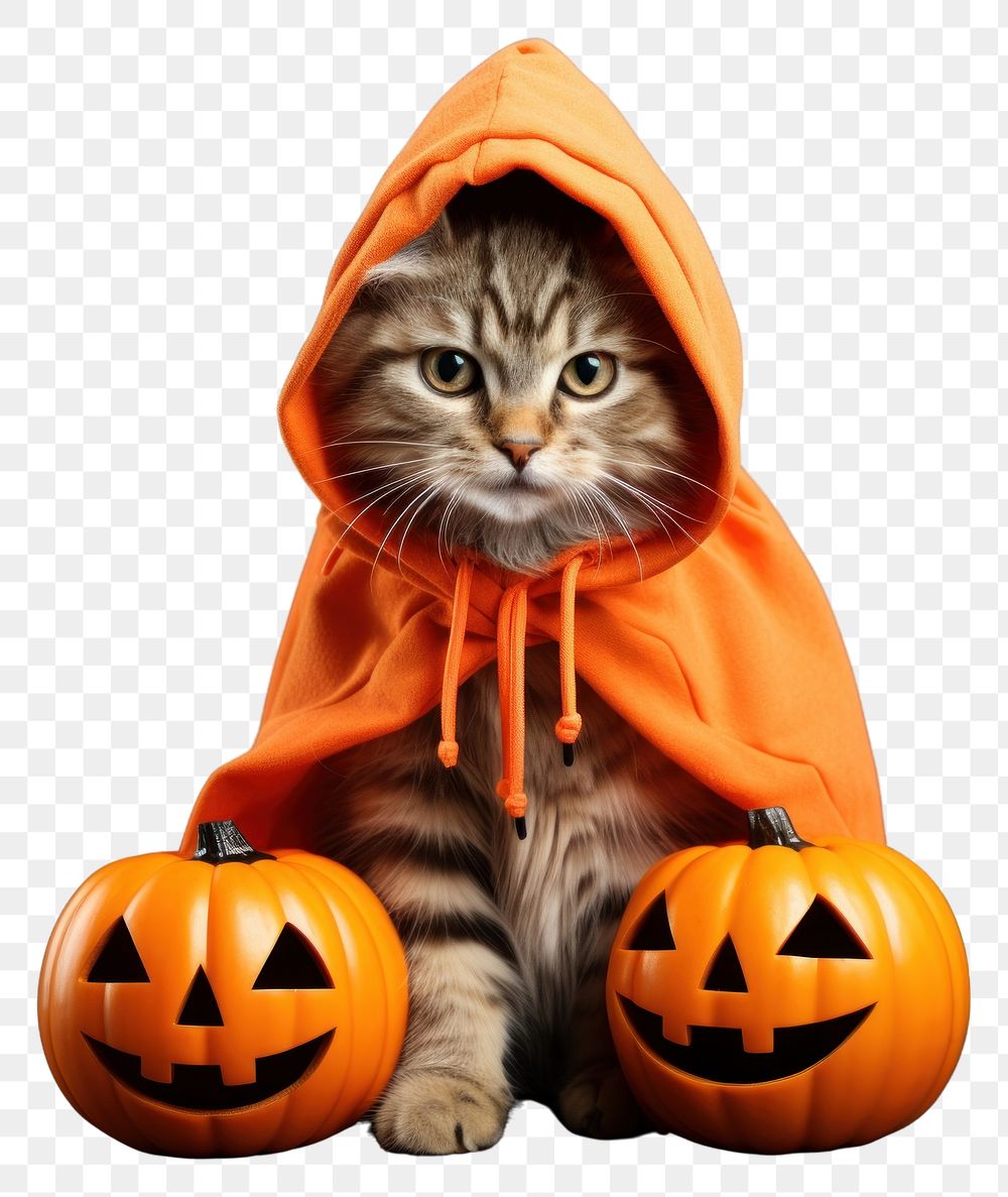 PNG Cat wearing pumpkin costume halloween mammal animal.