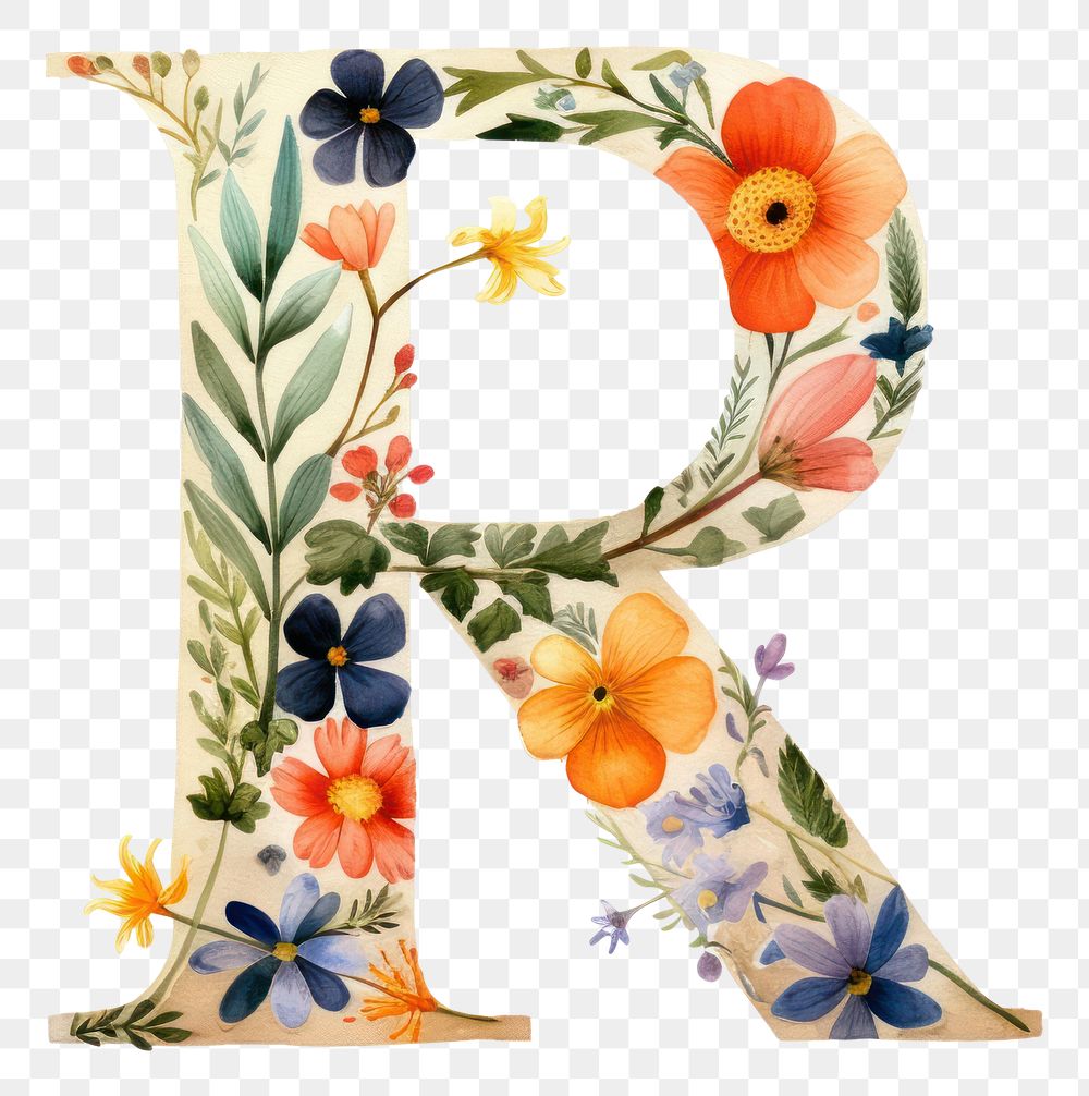 PNG Floral inside alphabet R text art pattern.