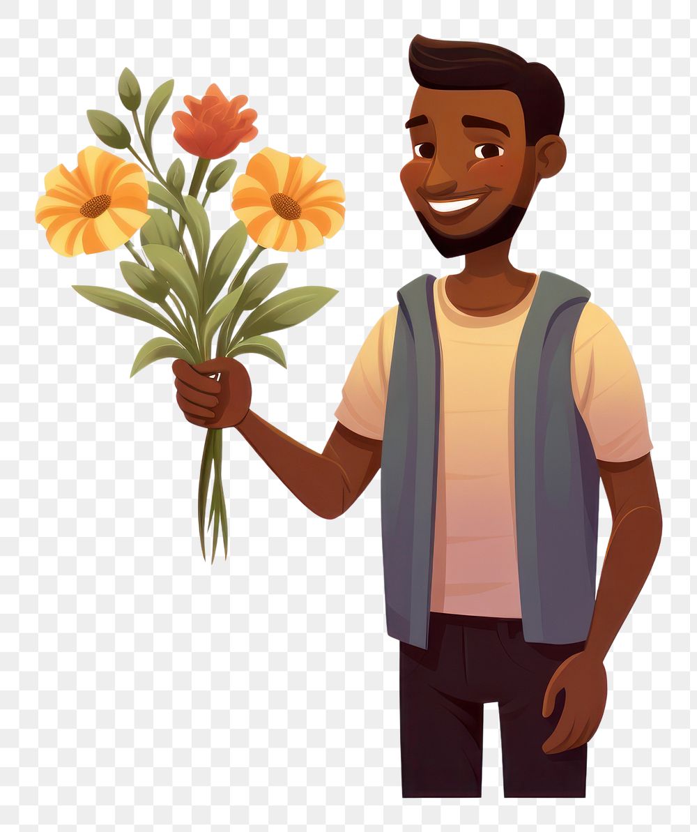 PNG Cartoon illustration person holding flowers adult plant white background.