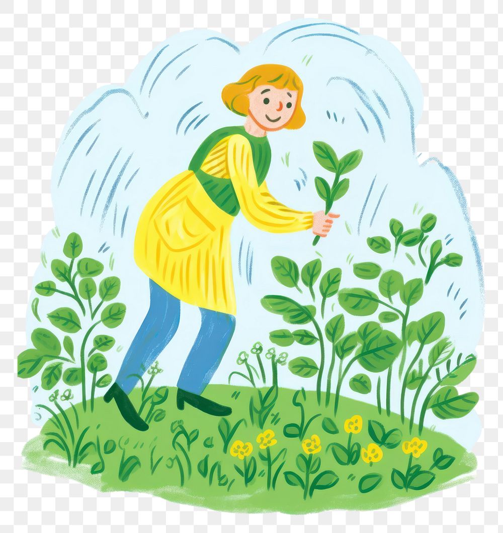 PNG Doodle illustration smiling person gardening outdoors drawing cartoon.