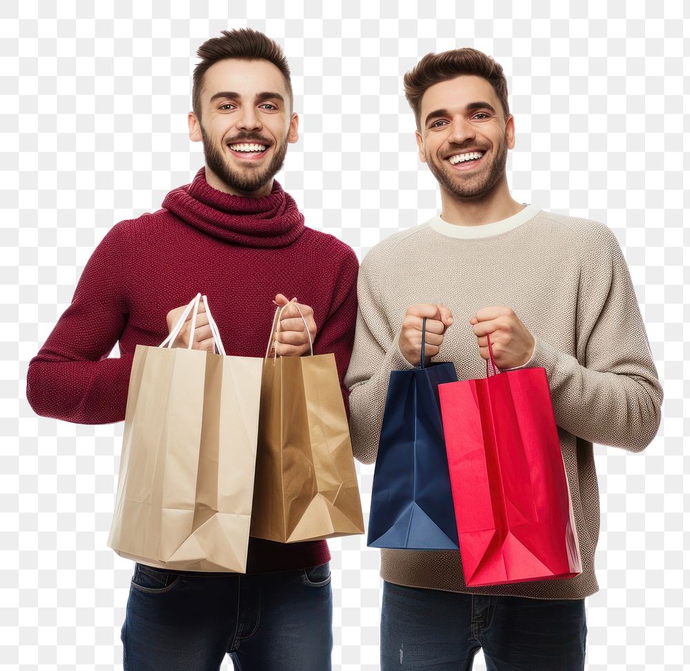 PNG Happy men holding shopping bag sweater adult white background.