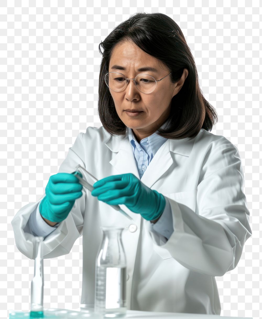 PNG A mature scientist Asian women Scientist working glasses adult white background.