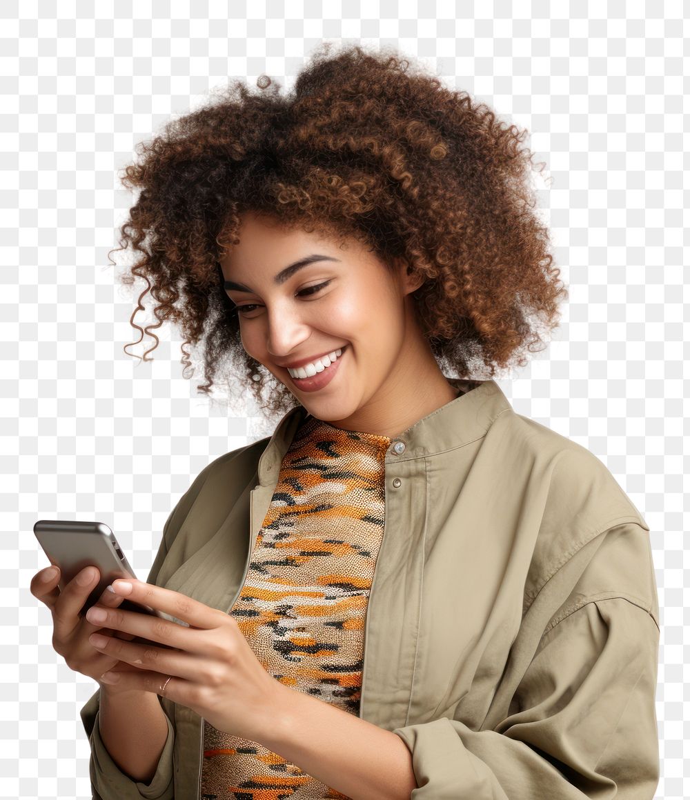 PNG Positive curly haired ethnic woman uses mobile phone checks messages and reads news holds modern cellular in hands smile…