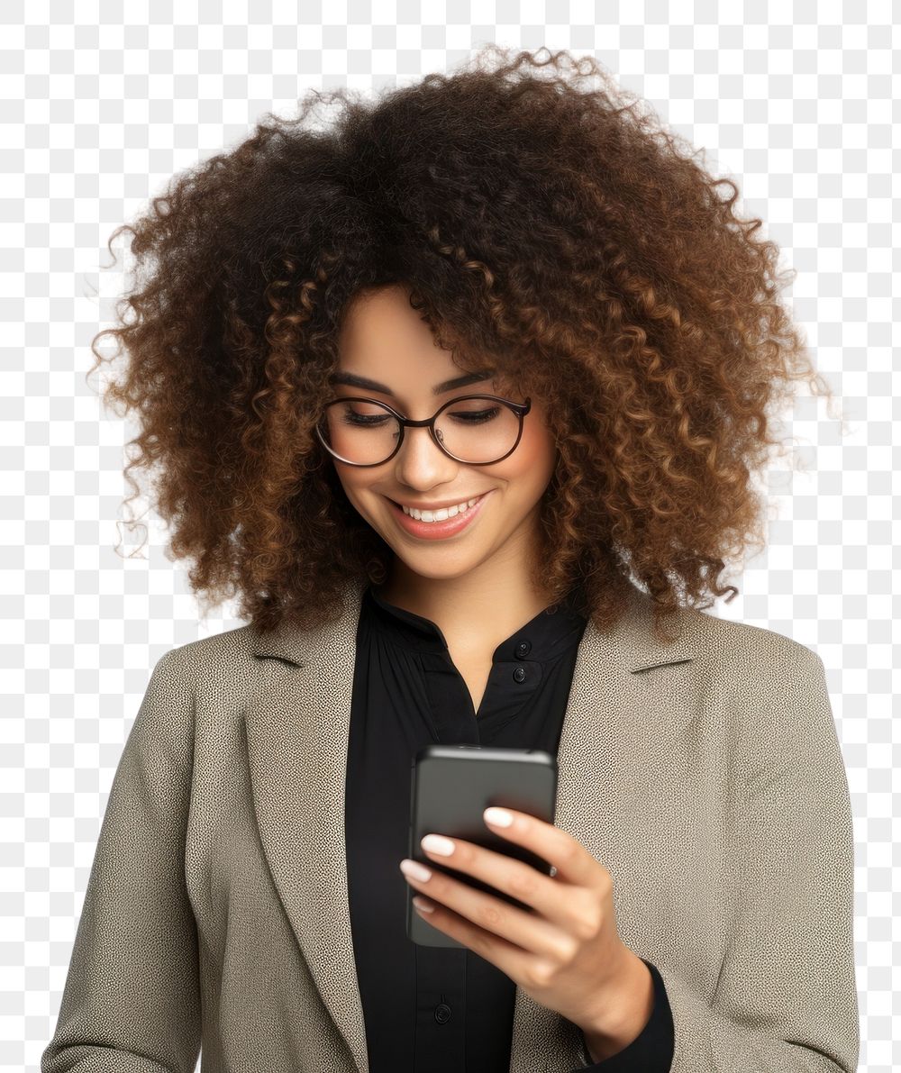 PNG Positive curly haired ethnic woman uses mobile phone checks messages and reads news holds modern cellular in hands…