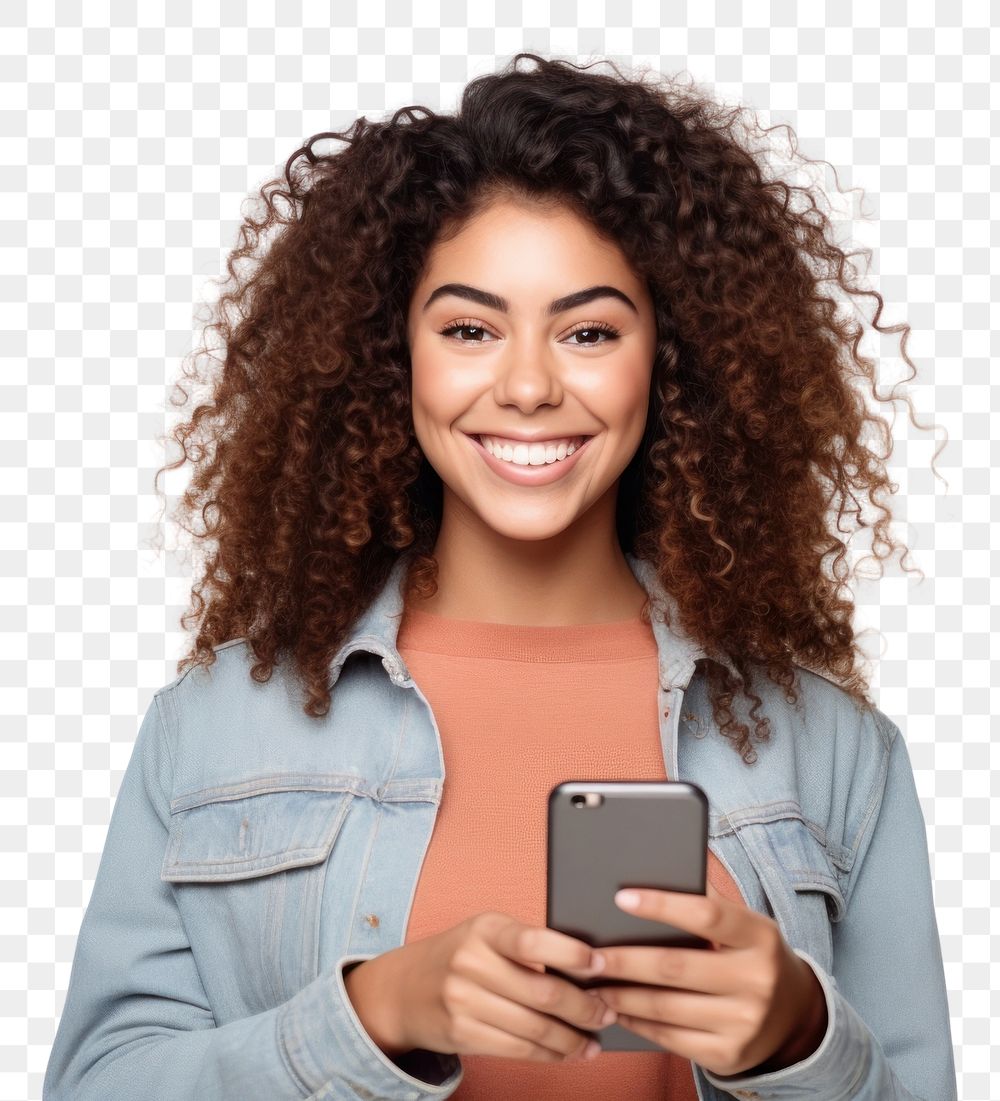 PNG Young adult smiling happy pretty latin woman holding mobile phone device smile photo white background.