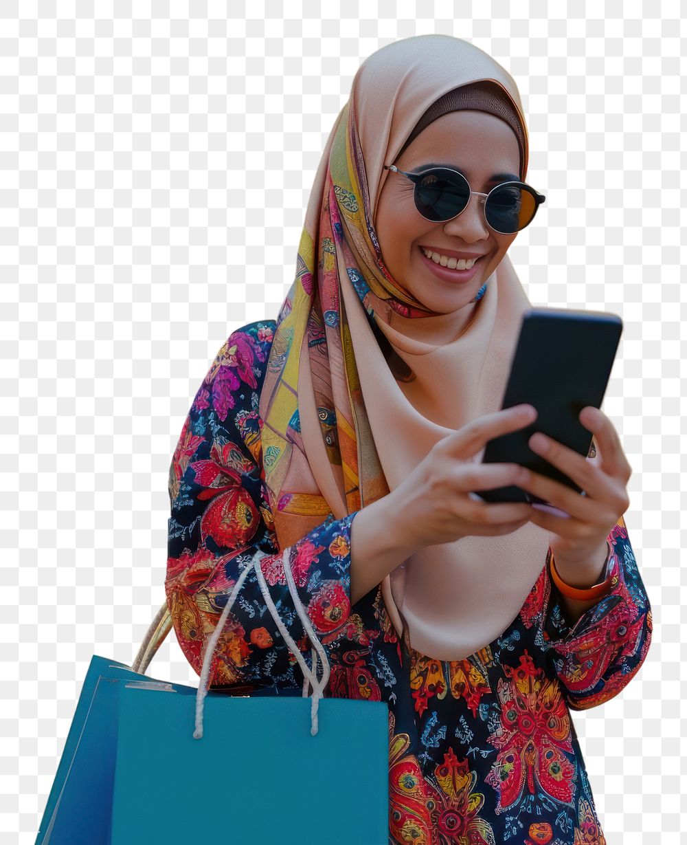 PNG Smiling muslim mature woman wear sunglasses using her smartphone portability technology telephone.