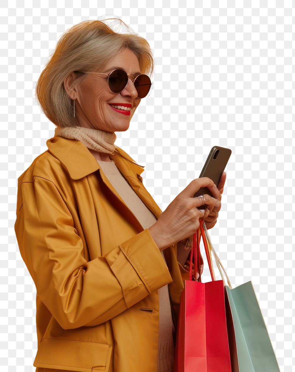 PNG Smiling mature woman wear sunglasses using her smartphone shopping bag handbag.