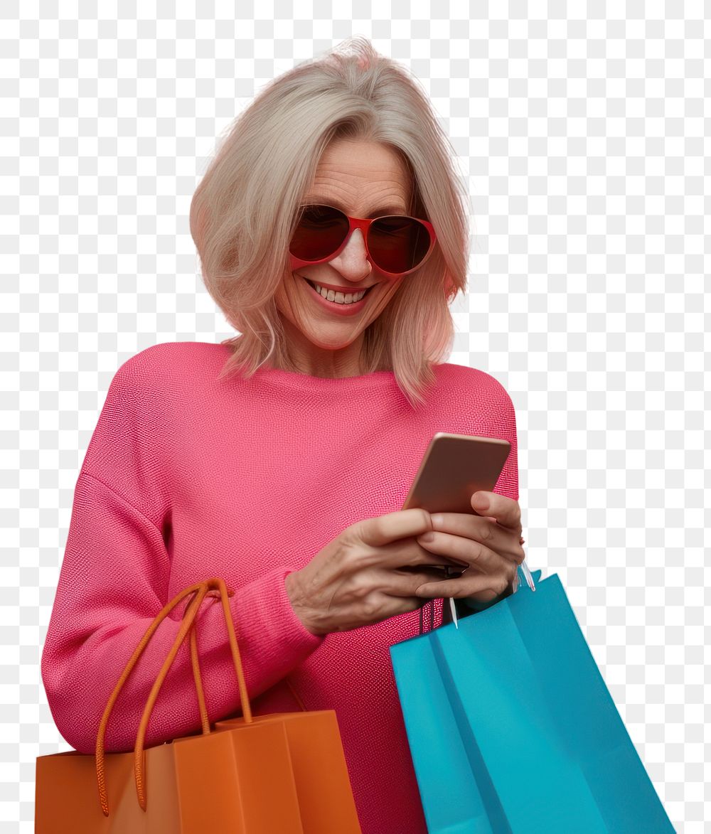 PNG Smiling mature woman wear sunglasses using her smartphone bag handbag adult.