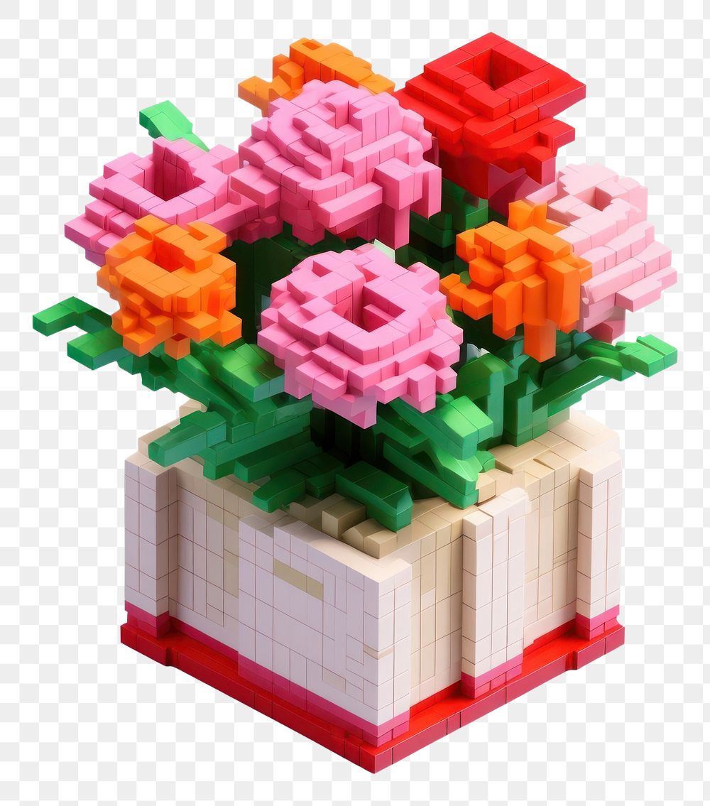 PNG 3D pixel art flowers toy box white background.