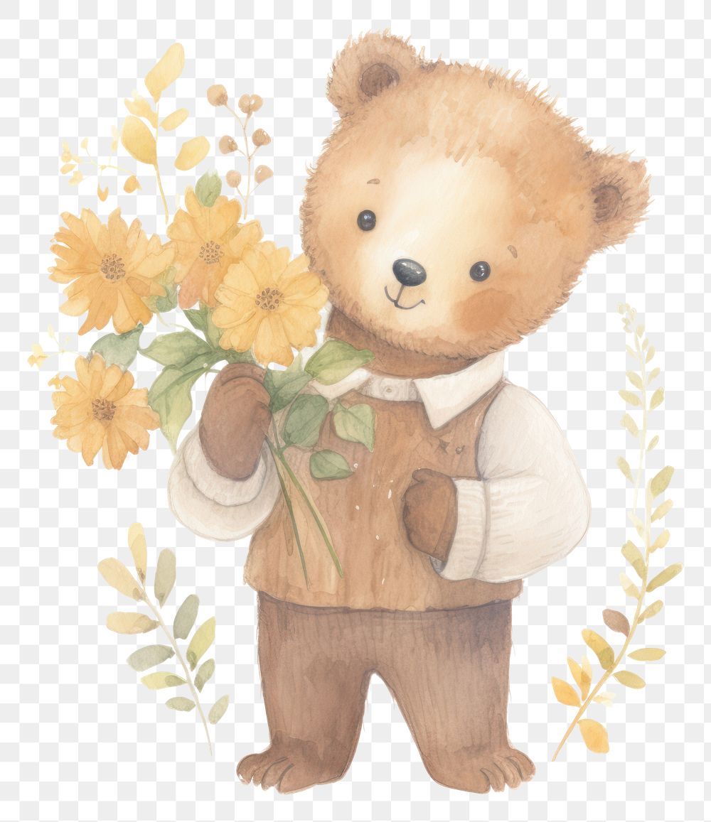 PNG Teddy bear watercolor illustrations flower toy white background.