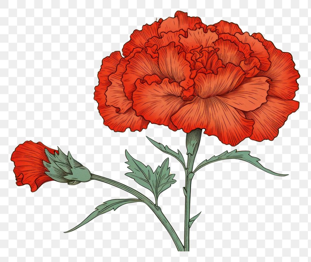 PNG Ukiyo-e art print style carnation flower plant red.