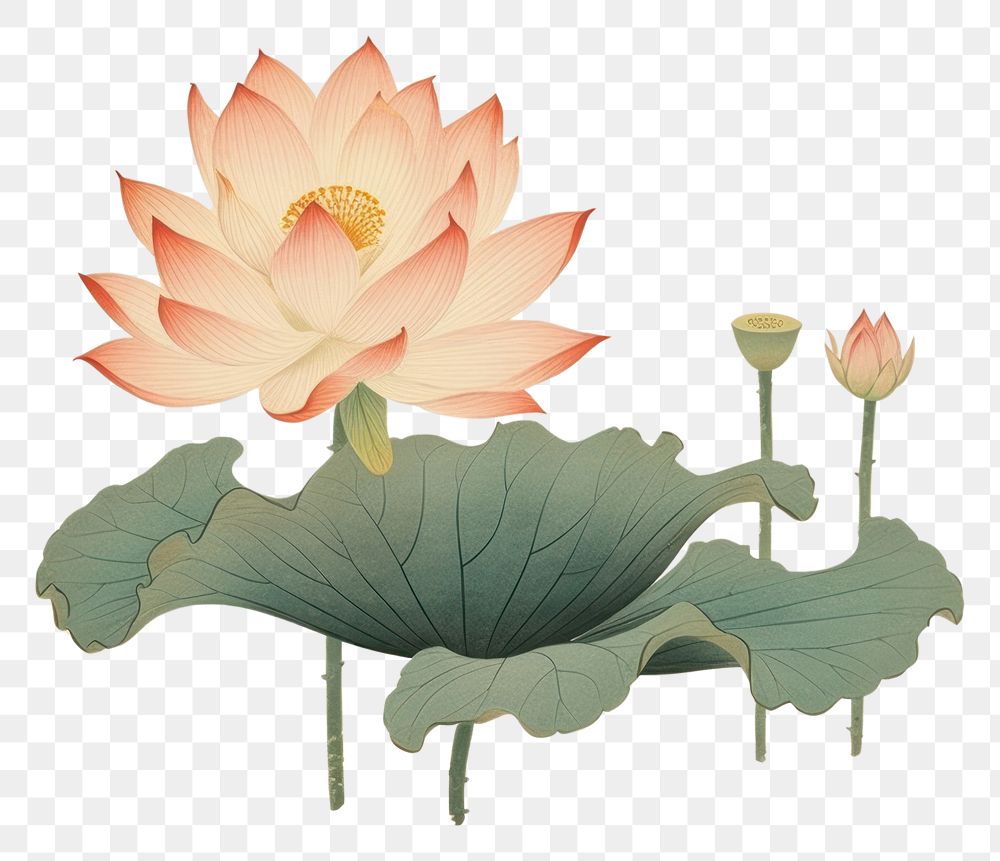PNG Ukiyo-e art print style Lotus flower plant lily.
