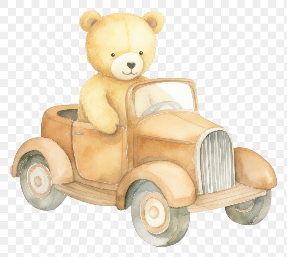 PNG  Teddy bear car toy white background.