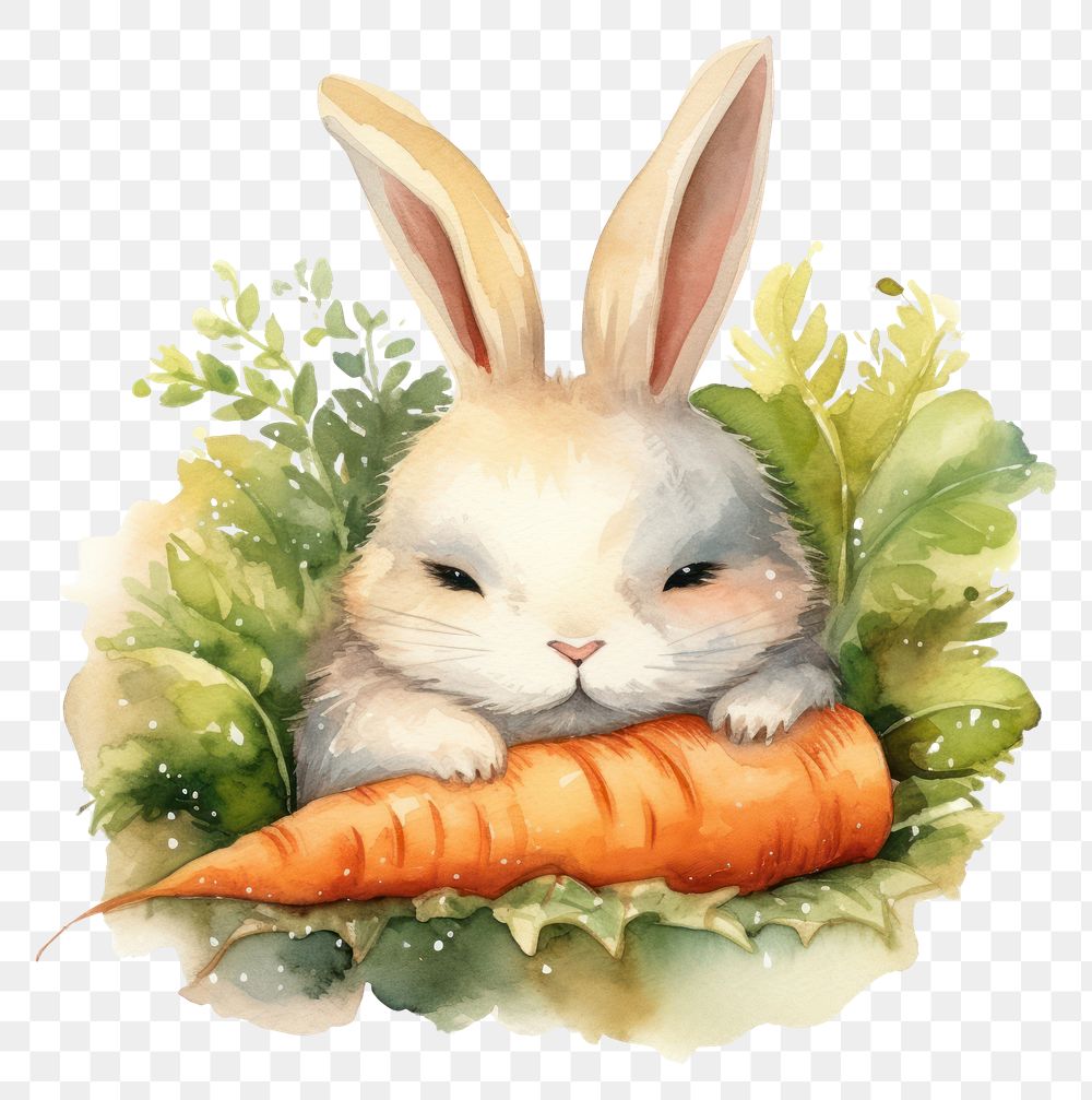 PNG Watercolor rabbit sleeping animal carrot vegetable.