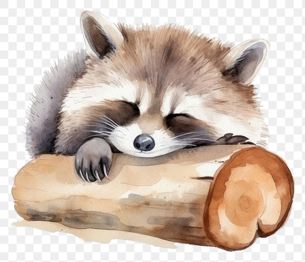 PNG Watercolor raccoon sleeping animal cartoon mammal.