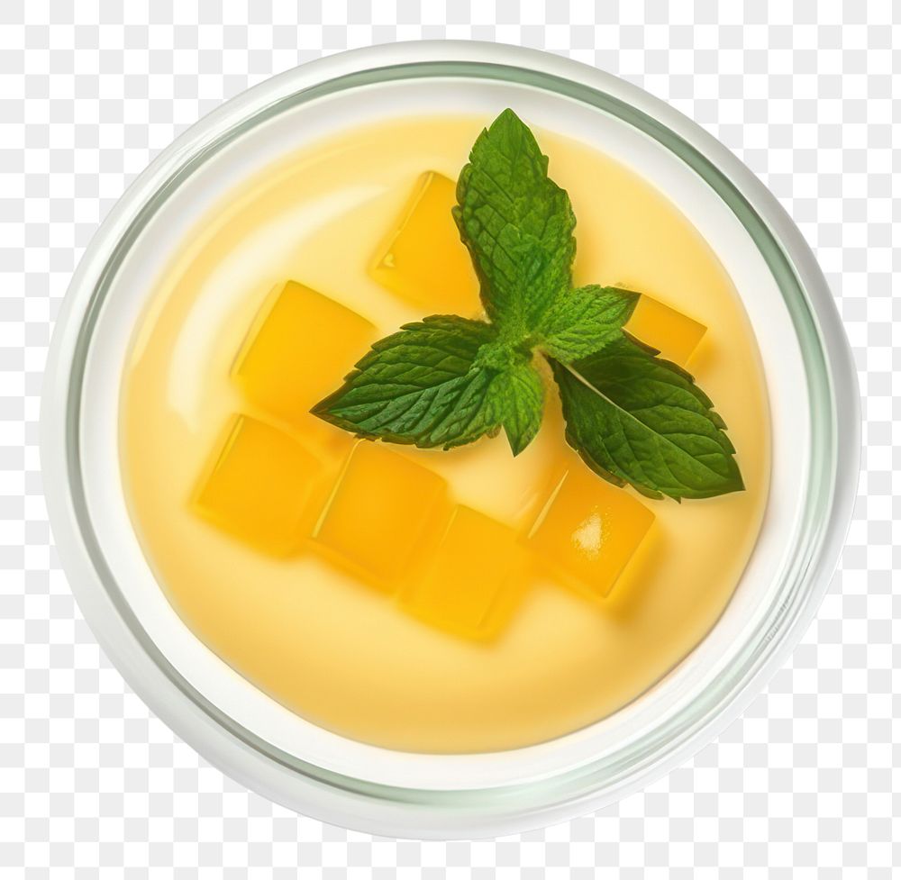PNG Mango Panna cotta with mango jelly and mint plant herbs food.