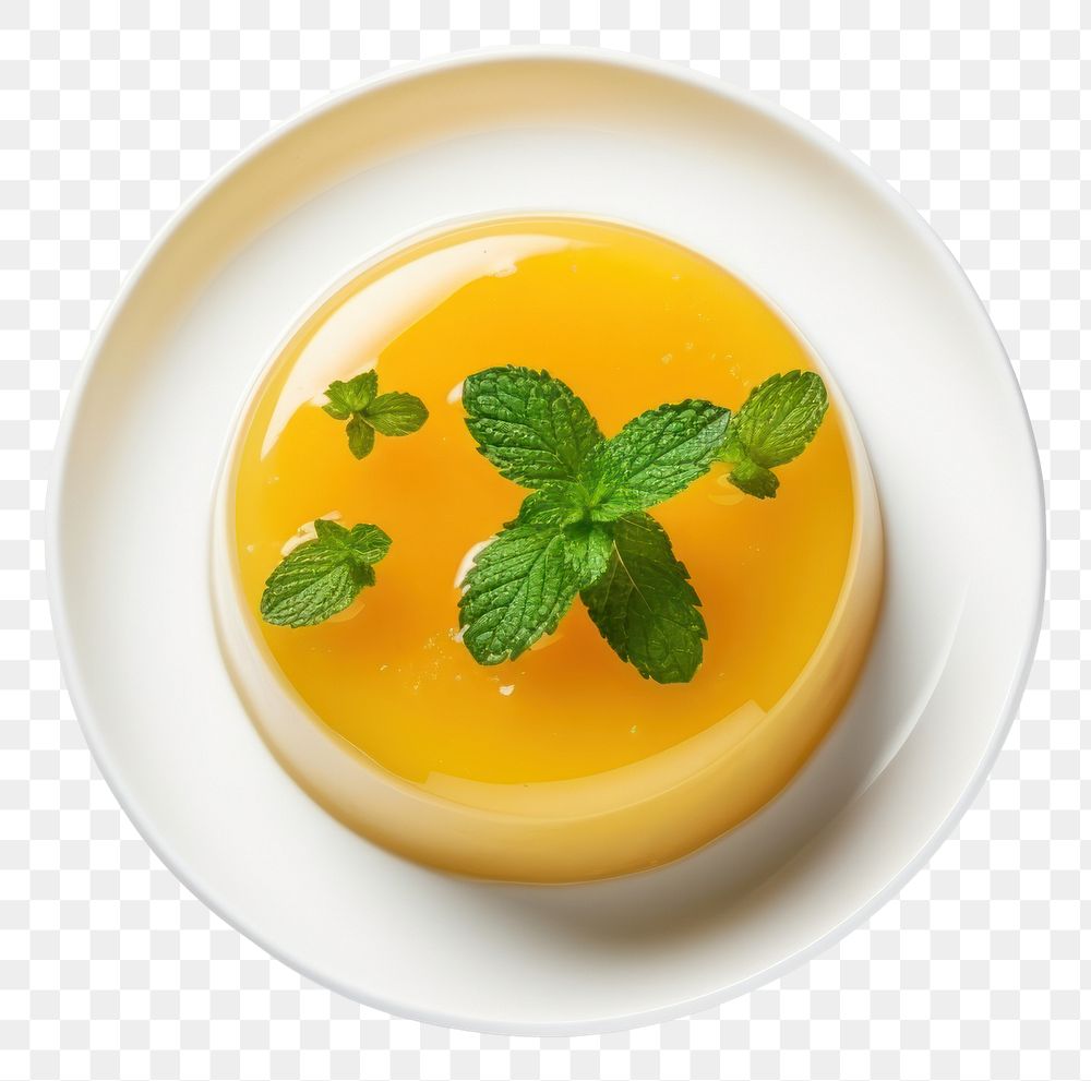 PNG Mango Panna cotta with mango jelly and mint dessert plant plate.